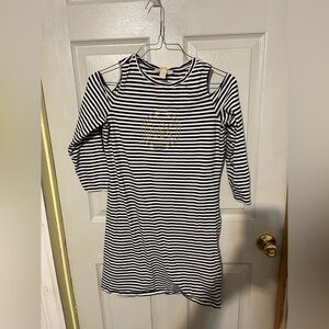 Michael Kors Black and White Striped Cold-Shoulder Mini Dress with Gold Logo